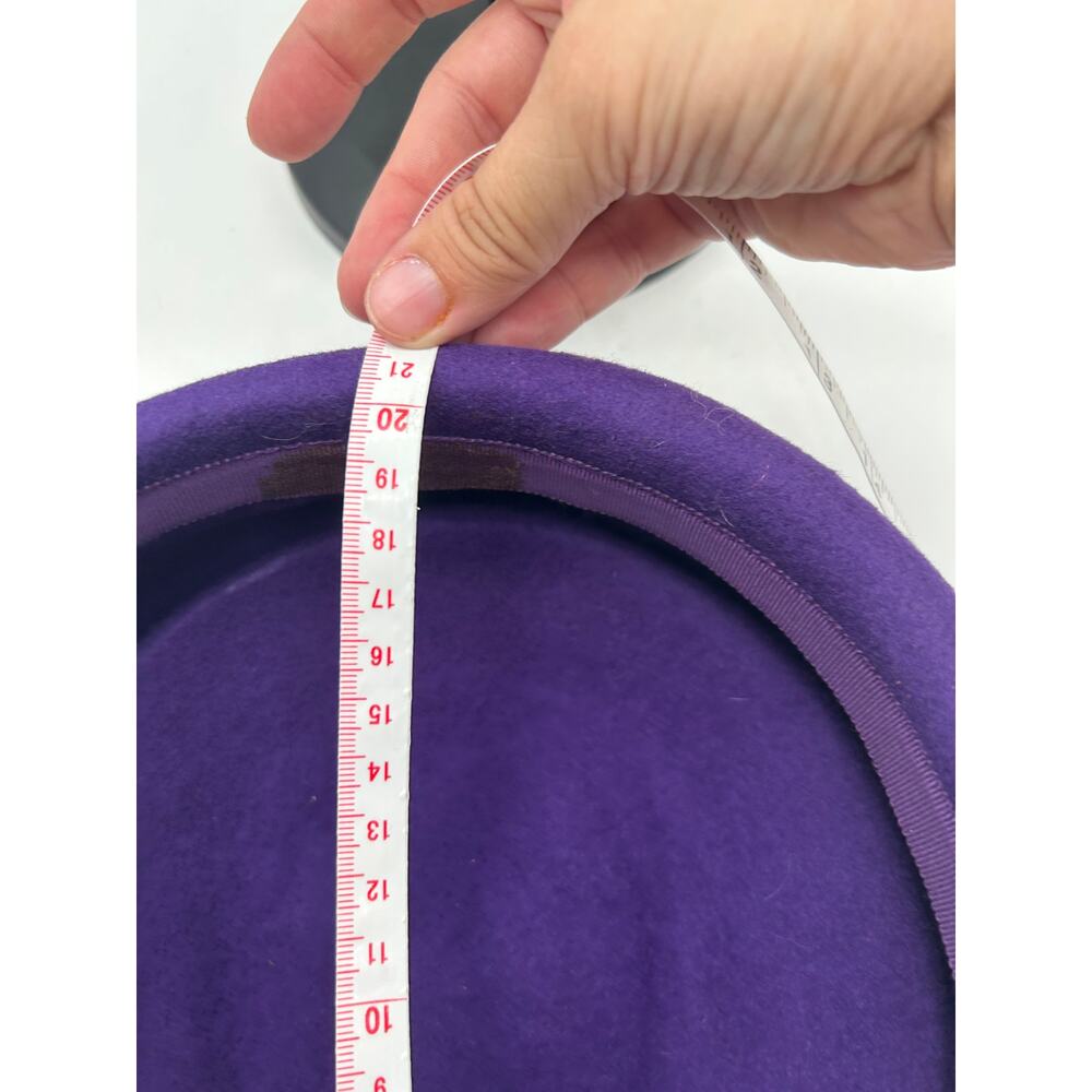 Vintage 80s Purple Wool Felt Pillbox Hat Olive Velvet Rosette Flowers 56cm Sz M - Picture 8 of 13